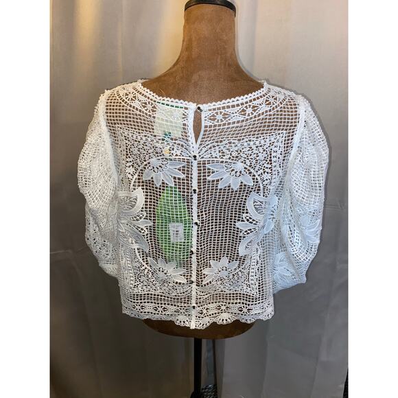 Farm Rio White Guipure Lace Blouse NWT $240 Stunning Boho Chic Top M Embroidered - Picture 6 of 11
